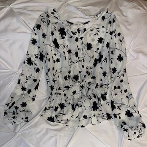 Black and White Floral Blouse, peplum style, long sleeve, v-neck